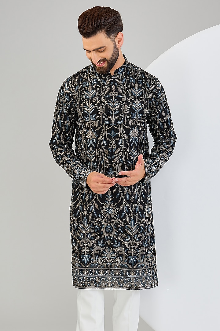 Black Georgette Sequins & Thread Embroidered Chikankari Kurta by Kasbah Clothing at Pernia's Pop Up Shop
