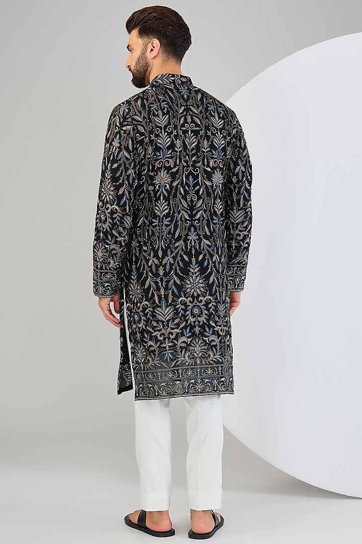 Black Georgette Sequins & Thread Embroidered Chikankari Kurta by Kasbah Clothing at Pernia's Pop Up Shop