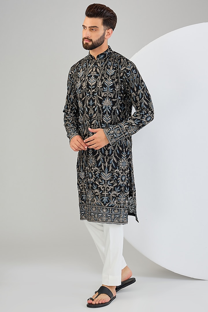 Black Georgette Sequins & Thread Embroidered Chikankari Kurta by Kasbah Clothing