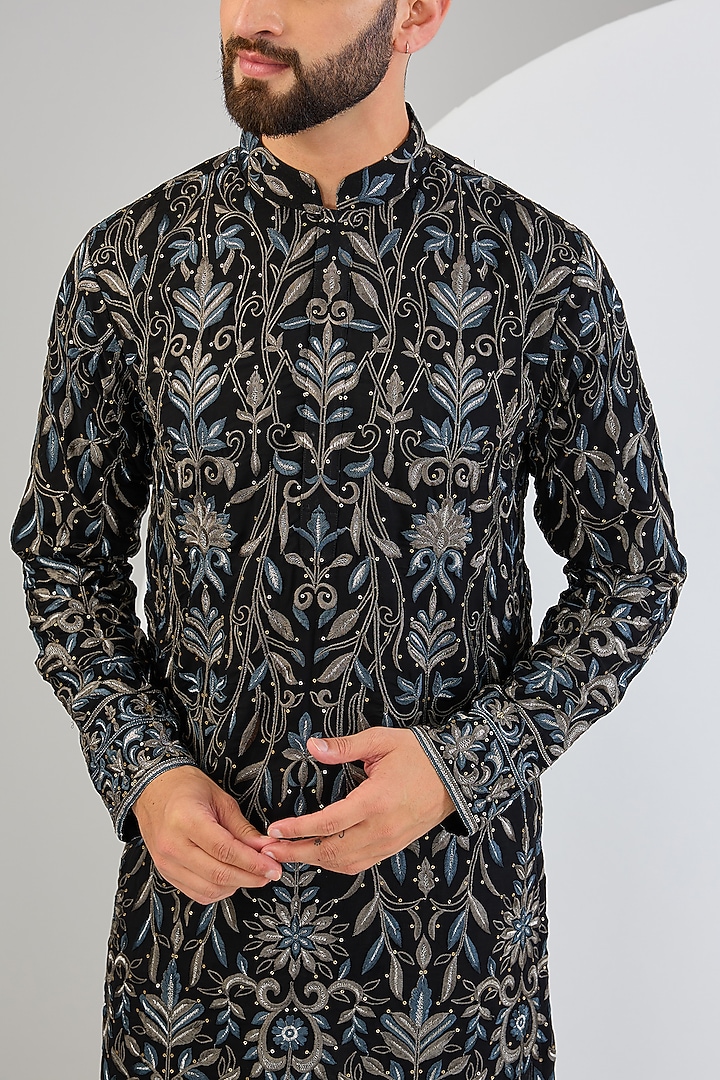 Black Georgette Sequins & Thread Embroidered Chikankari Kurta by Kasbah Clothing at Pernia's Pop Up Shop