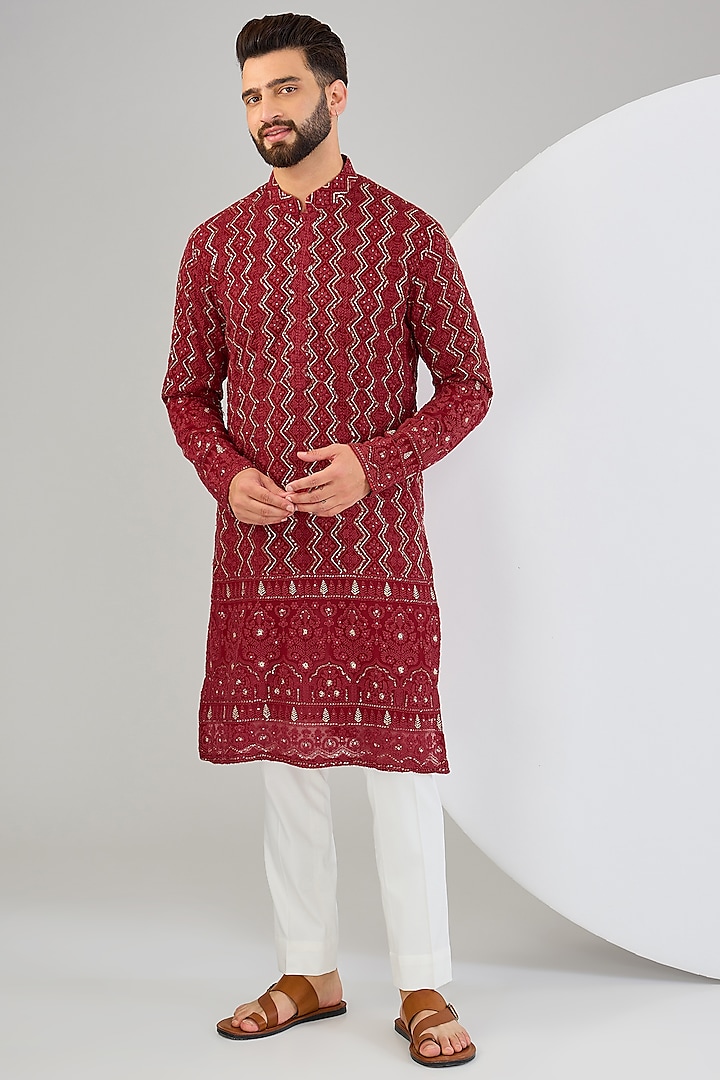 Red Georgette Sequins & Zari Embellished Chikankari Kurta by Kasbah Clothing