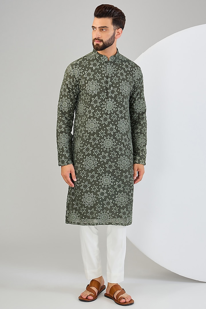 Military Green Thread & Sequins Embroidered Kurta by Kasbah Clothing