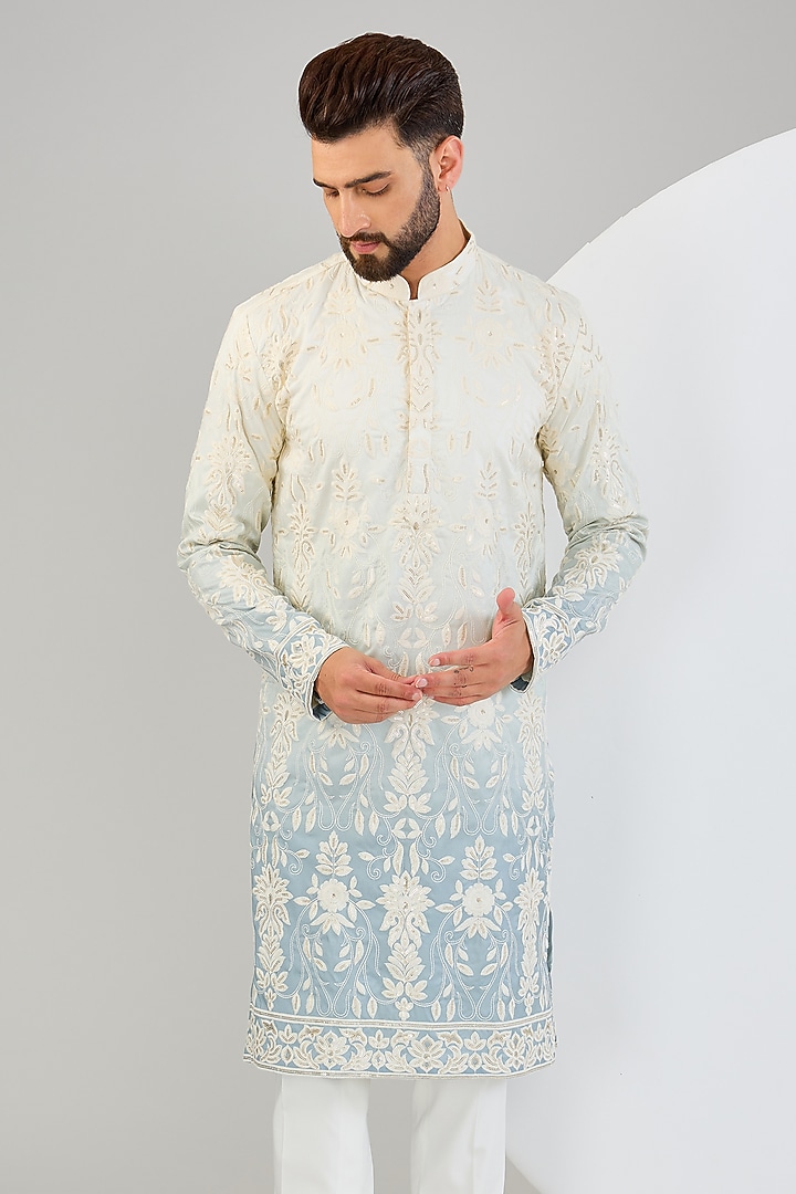 Cream & Ice Blue Ombre Silk Embroidered Chikankari Kurta by Kasbah Clothing at Pernia's Pop Up Shop