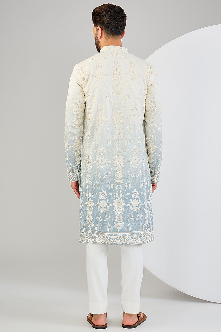 Cream & Ice Blue Ombre Silk Embroidered Chikankari Kurta by Kasbah Clothing at Pernia's Pop Up Shop