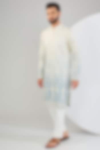 Cream & Ice Blue Ombre Silk Embroidered Chikankari Kurta by Kasbah Clothing at Pernia's Pop Up Shop