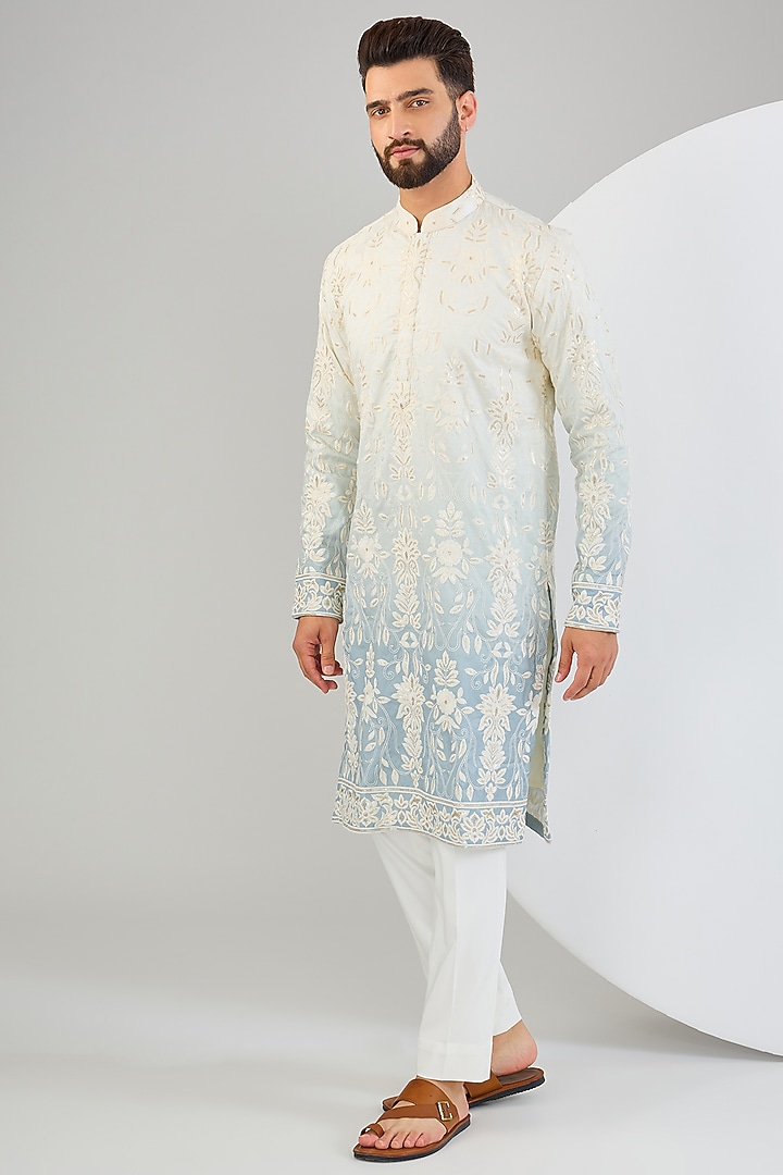 Cream & Ice Blue Ombre Silk Embroidered Chikankari Kurta by Kasbah Clothing at Pernia's Pop Up Shop
