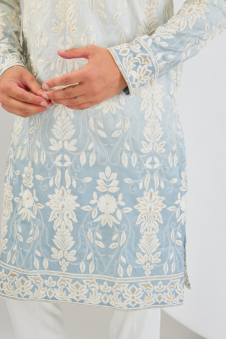 Cream & Ice Blue Ombre Silk Embroidered Chikankari Kurta by Kasbah Clothing at Pernia's Pop Up Shop