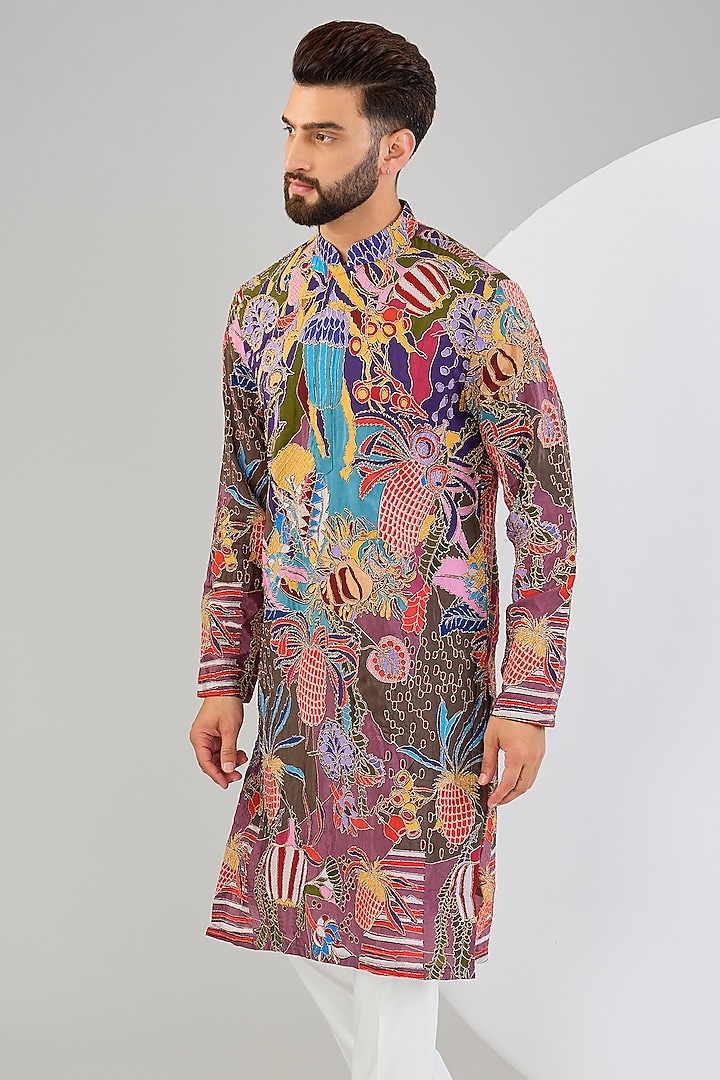 Multi-Colored Crepe Silk Zari Embroidered Kurta by Kasbah Clothing at Pernia's Pop Up Shop
