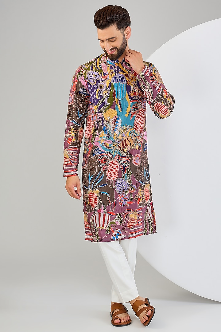 Multi-Colored Crepe Silk Zari Embroidered Kurta by Kasbah Clothing at Pernia's Pop Up Shop