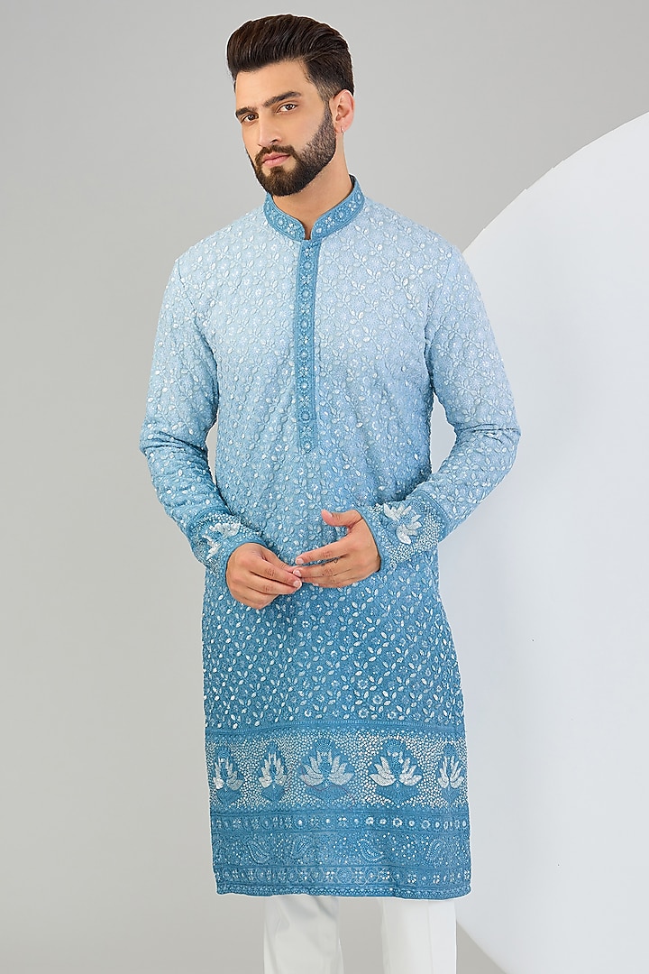 Powder Blue Georgette Sequins Embroidered Chikankari Kurta by Kasbah Clothing at Pernia's Pop Up Shop