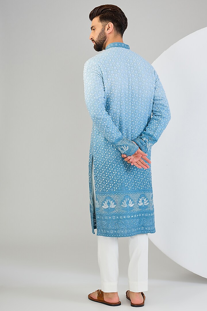 Powder Blue Georgette Sequins Embroidered Chikankari Kurta by Kasbah Clothing at Pernia's Pop Up Shop