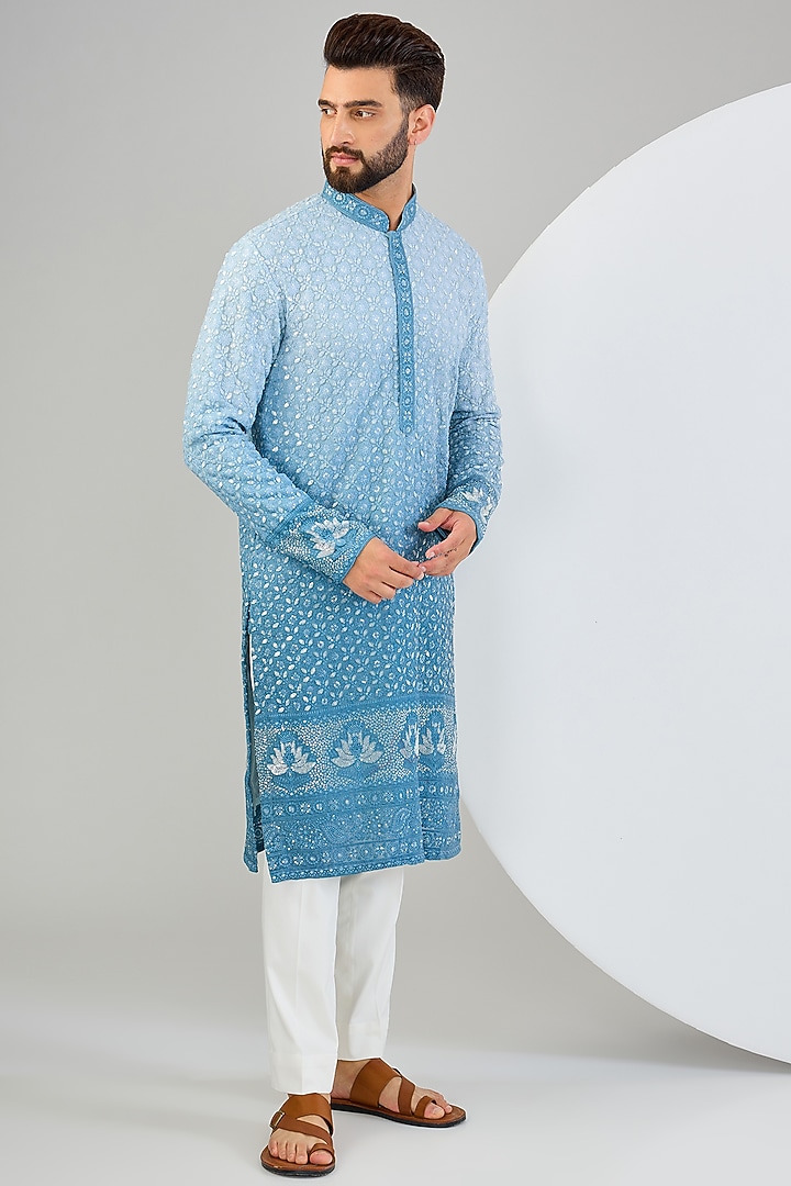 Powder Blue Georgette Sequins Embroidered Chikankari Kurta by Kasbah Clothing at Pernia's Pop Up Shop