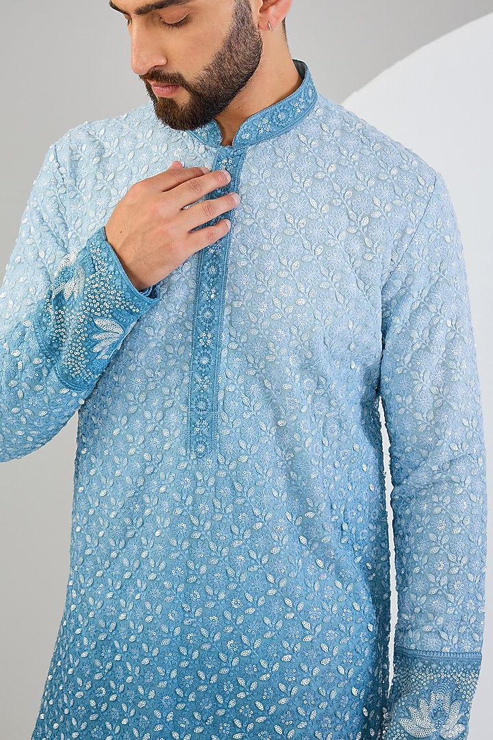 Powder Blue Georgette Sequins Embroidered Chikankari Kurta by Kasbah Clothing at Pernia's Pop Up Shop