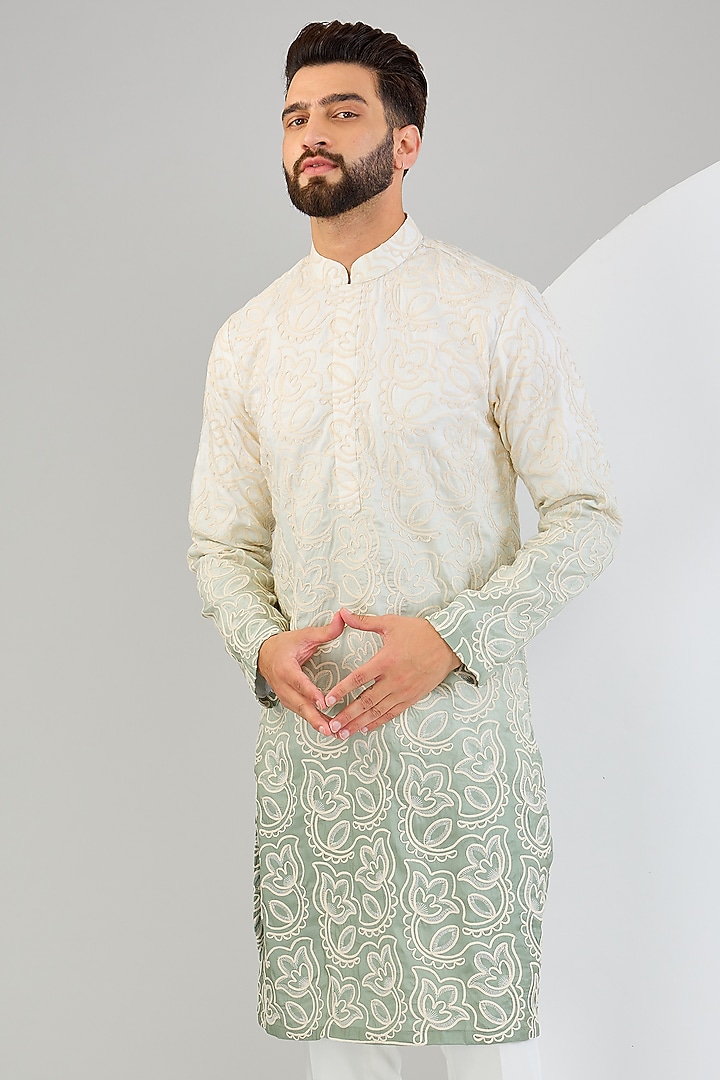 Sea Green Silk Thread Embellished Kurta by Kasbah Clothing at Pernia's Pop Up Shop