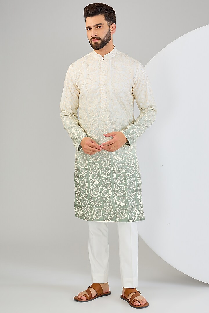 Sea Green Silk Thread Embellished Kurta by Kasbah Clothing