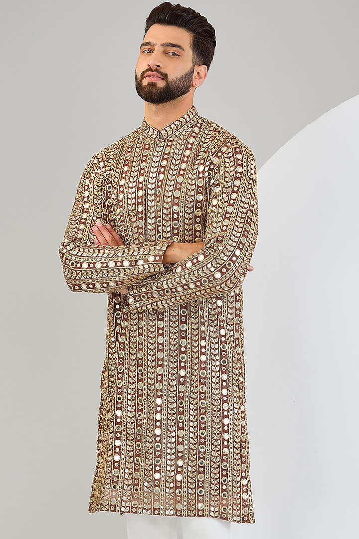Dark Brown Georgette Mirror & Zari Embroidered Kurta by Kasbah Clothing at Pernia's Pop Up Shop