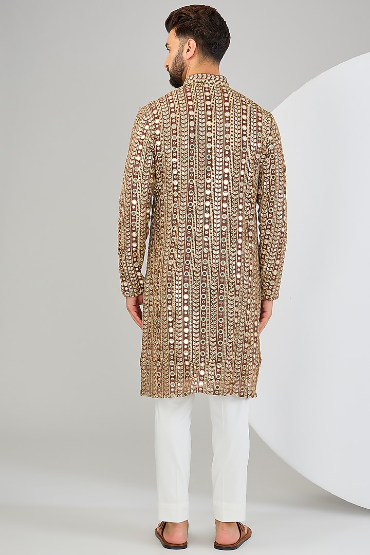 Dark Brown Georgette Mirror & Zari Embroidered Kurta by Kasbah Clothing at Pernia's Pop Up Shop