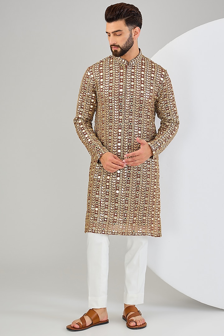 Dark Brown Georgette Mirror & Zari Embroidered Kurta by Kasbah Clothing