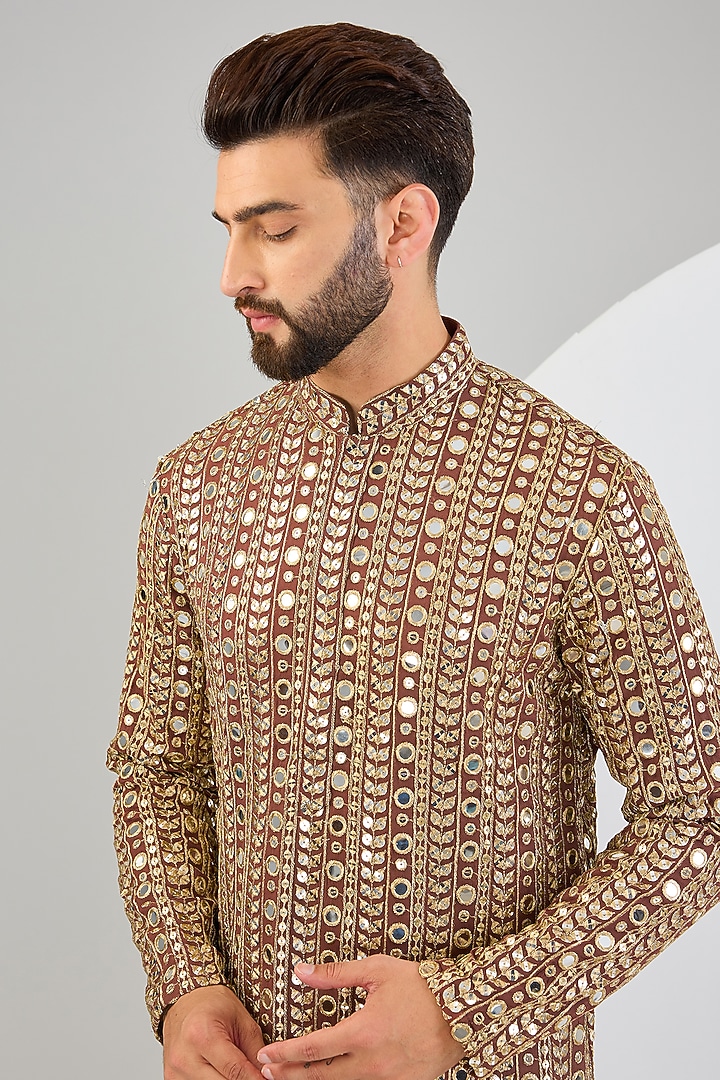 Dark Brown Georgette Mirror & Zari Embroidered Kurta by Kasbah Clothing at Pernia's Pop Up Shop