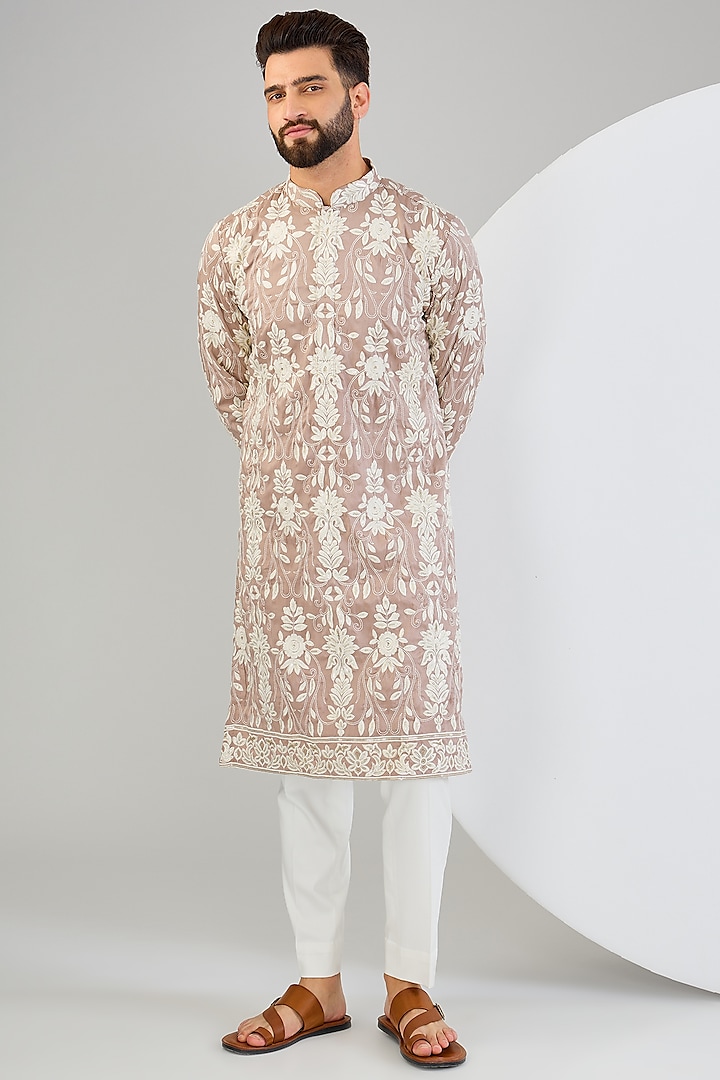 Mauve Silk Thread Embroidered Chikankari Kurta by Kasbah Clothing