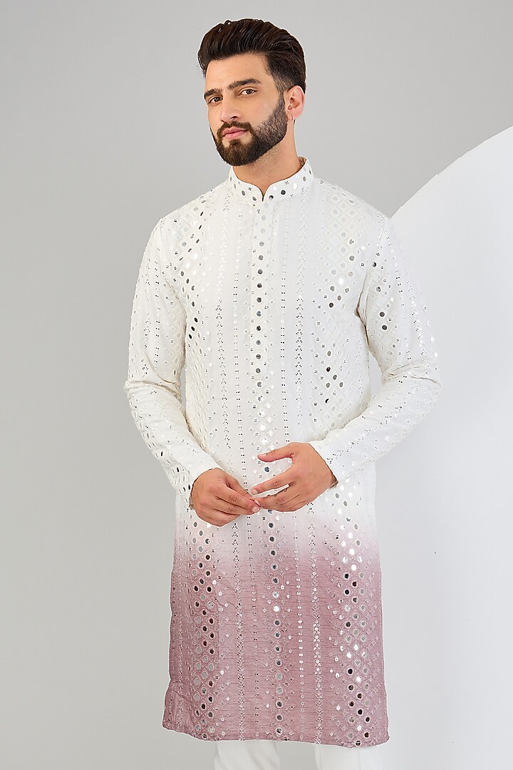 Cream & Mauve Ombre Silk Mirror Work Kurta by Kasbah Clothing at Pernia's Pop Up Shop