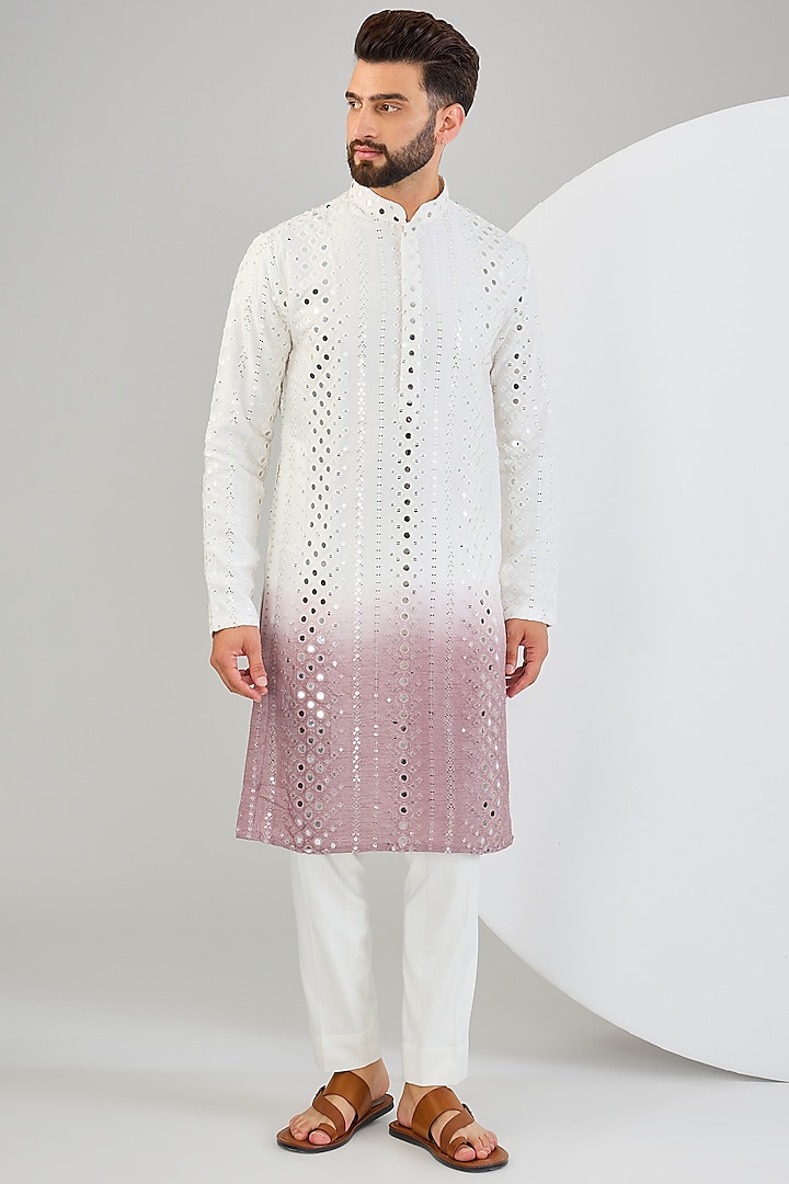 Cream & Mauve Ombre Silk Mirror Work Kurta by Kasbah Clothing