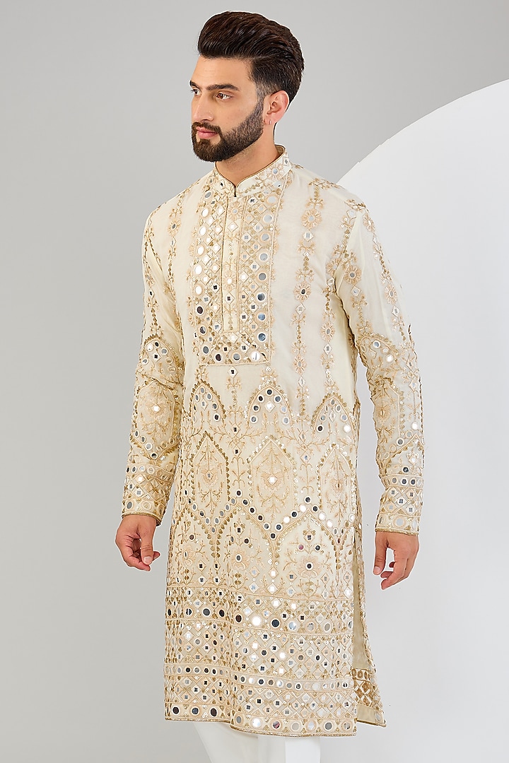 Beige Georgette Zari & Mirror Work Kurta by Kasbah Clothing at Pernia's Pop Up Shop