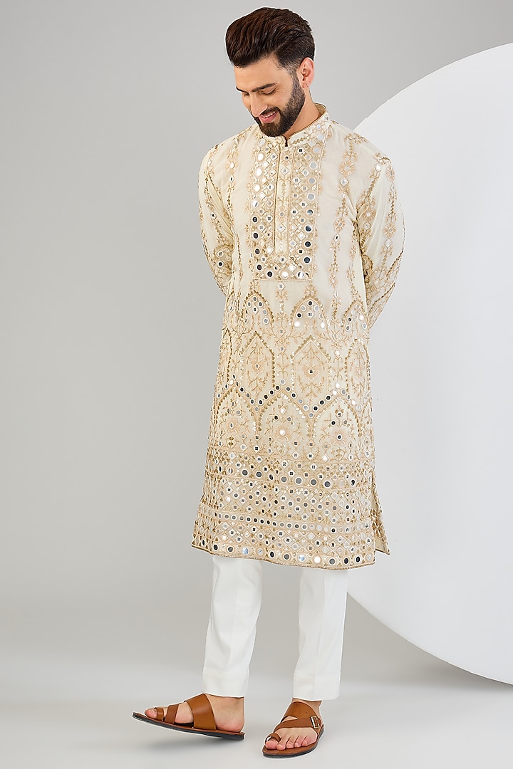 Beige Georgette Zari & Mirror Work Kurta by Kasbah Clothing