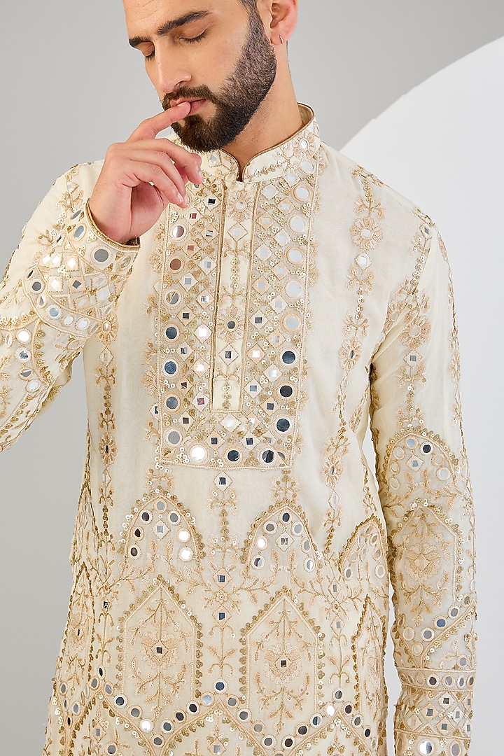 Beige Georgette Zari & Mirror Work Kurta by Kasbah Clothing at Pernia's Pop Up Shop
