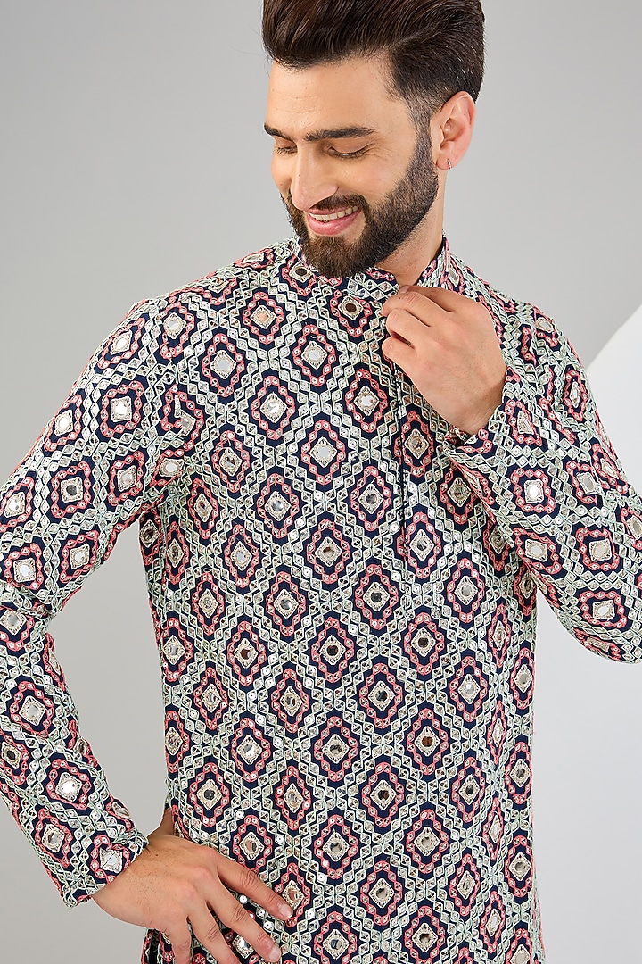 Navy Blue Silk Mirror Work Kurta by Kasbah Clothing at Pernia's Pop Up Shop