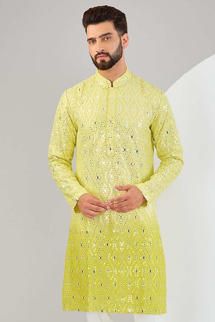 Neon Yellow Silk Mirror Work Kurta by Kasbah Clothing at Pernia's Pop Up Shop