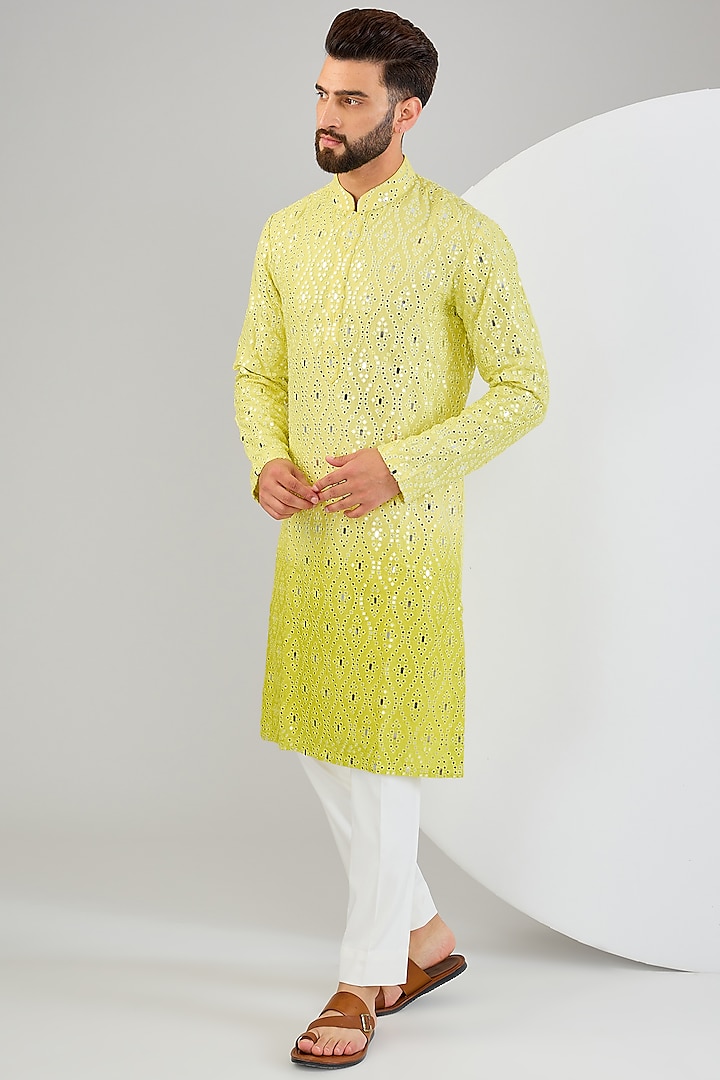 Neon Yellow Silk Mirror Work Kurta by Kasbah Clothing