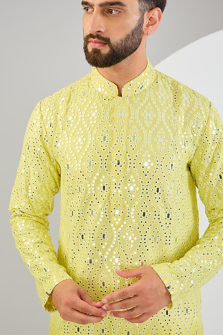 Neon Yellow Silk Mirror Work Kurta by Kasbah Clothing at Pernia's Pop Up Shop