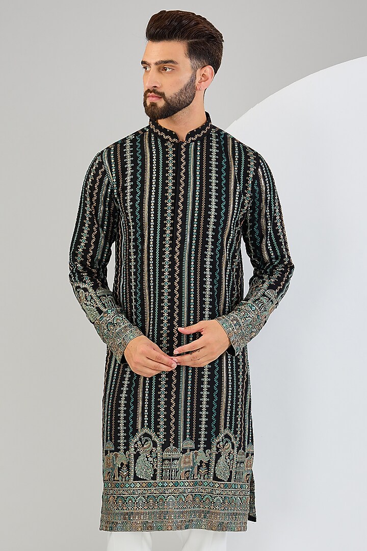Black Georgette Thread & Kalamkari Embroidered Chikankari Kurta by Kasbah Clothing at Pernia's Pop Up Shop