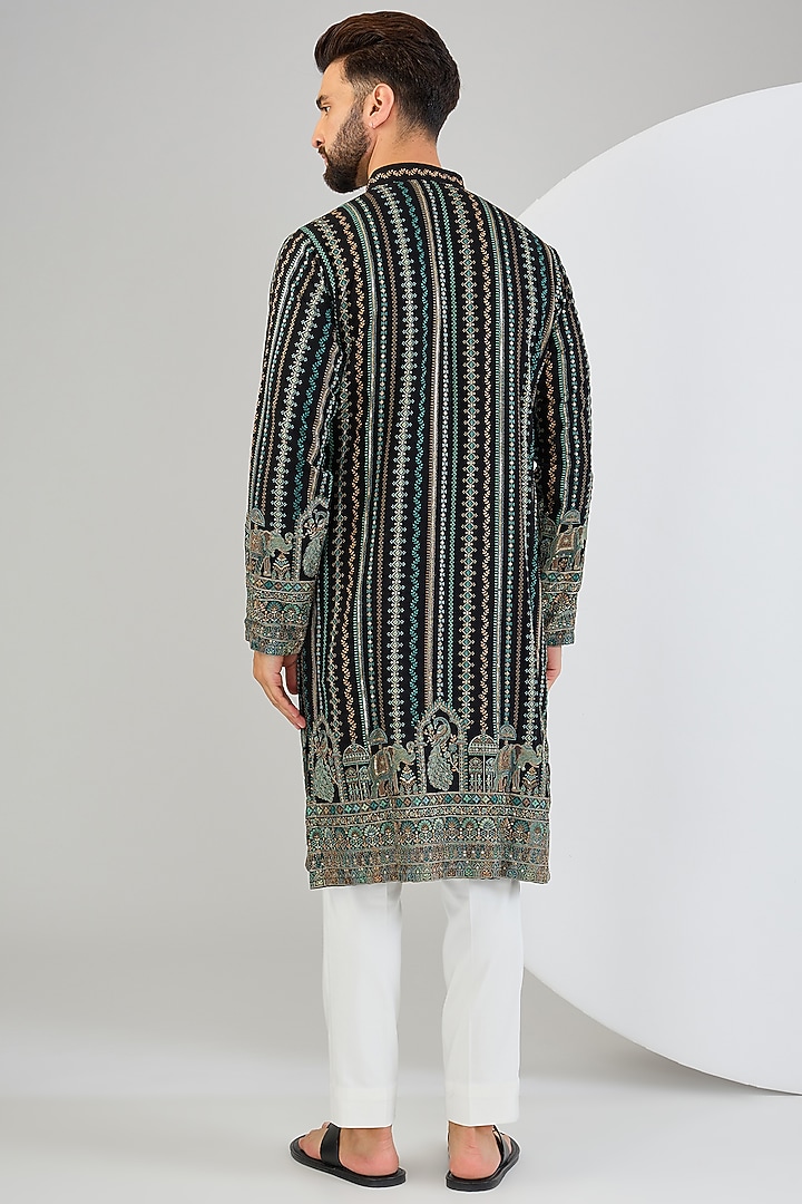 Black Georgette Thread & Kalamkari Embroidered Chikankari Kurta by Kasbah Clothing at Pernia's Pop Up Shop
