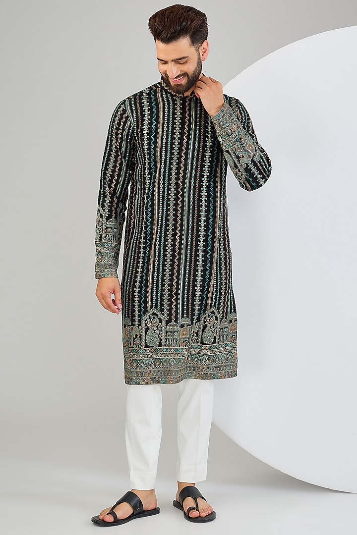 Black Georgette Thread & Kalamkari Embroidered Chikankari Kurta by Kasbah Clothing at Pernia's Pop Up Shop