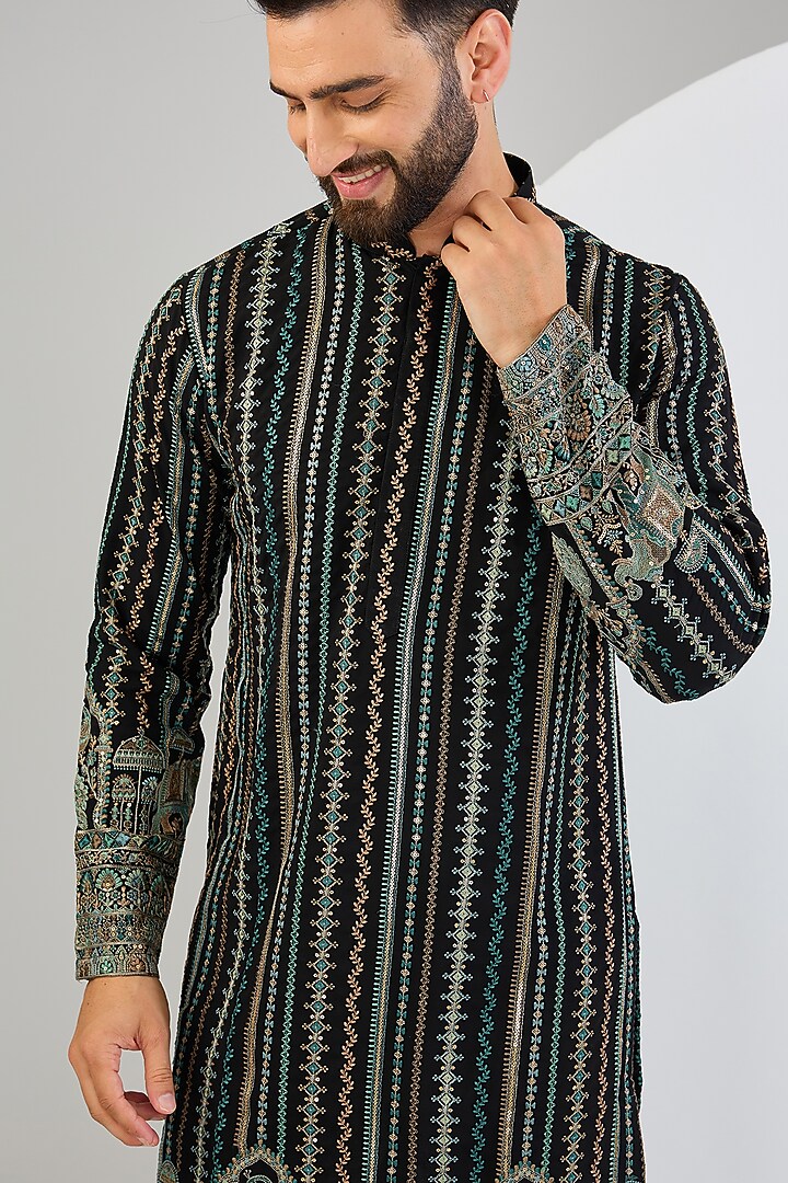 Black Georgette Thread & Kalamkari Embroidered Chikankari Kurta by Kasbah Clothing at Pernia's Pop Up Shop
