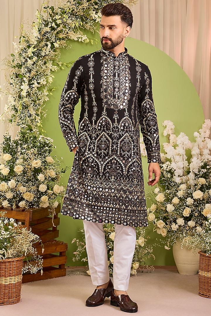Black Georgette Mirror Embellished Kurta by Kasbah Clothing at Pernia's Pop Up Shop