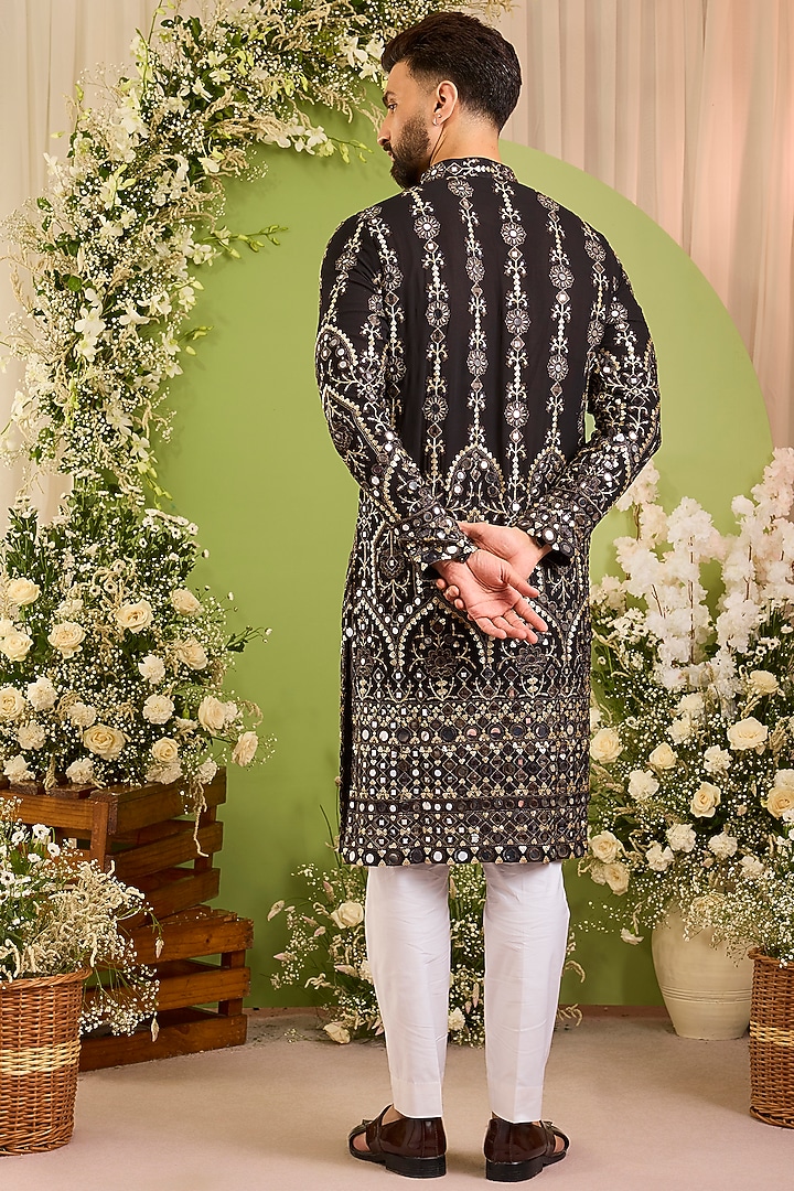 Black Georgette Mirror Embellished Kurta by Kasbah Clothing at Pernia's Pop Up Shop