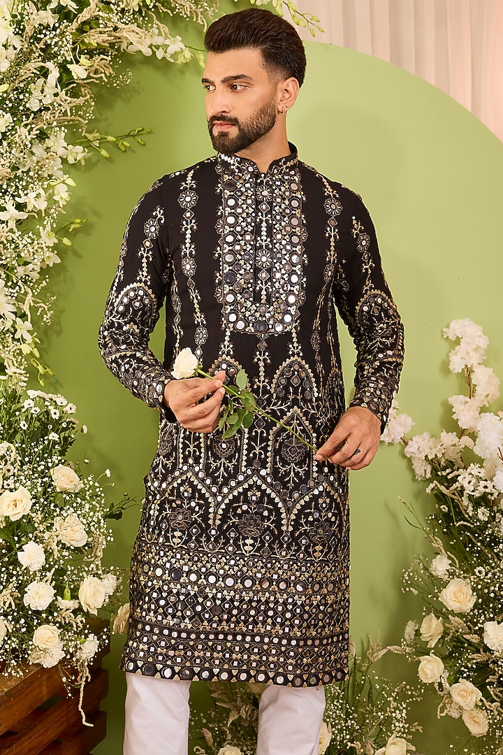 Black Georgette Mirror Embellished Kurta by Kasbah Clothing at Pernia's Pop Up Shop