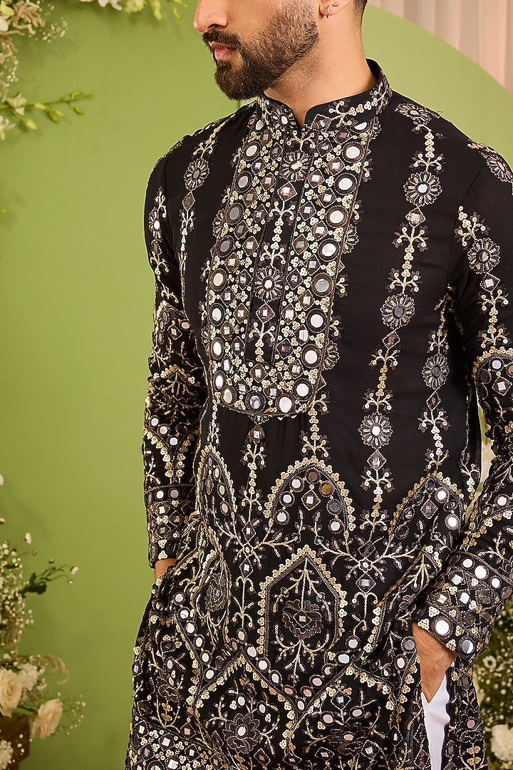 Black Georgette Mirror Embellished Kurta by Kasbah Clothing at Pernia's Pop Up Shop