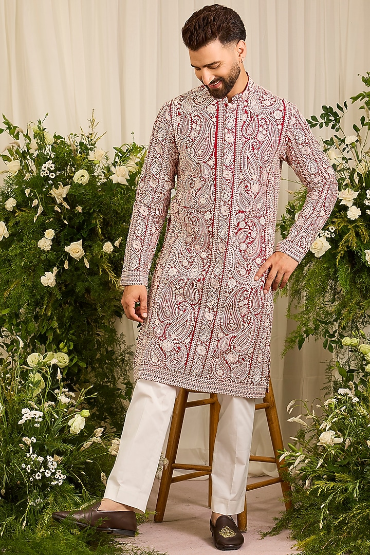 Deep Red Georgette Threadwork Kurta by Kasbah Clothing at Pernia's Pop Up Shop