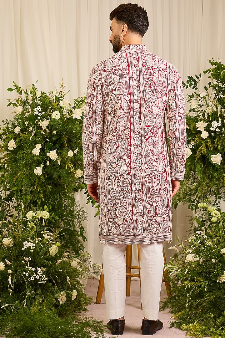 Deep Red Georgette Threadwork Kurta by Kasbah Clothing at Pernia's Pop Up Shop