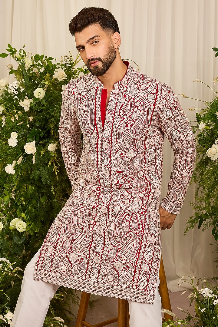 Deep Red Georgette Threadwork Kurta by Kasbah Clothing at Pernia's Pop Up Shop