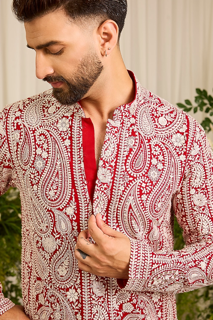 Deep Red Georgette Threadwork Kurta by Kasbah Clothing at Pernia's Pop Up Shop