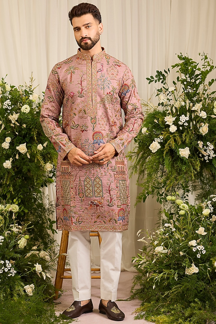 Mauve Silk Printed & Threadwork Kurta by Kasbah Clothing at Pernia's Pop Up Shop
