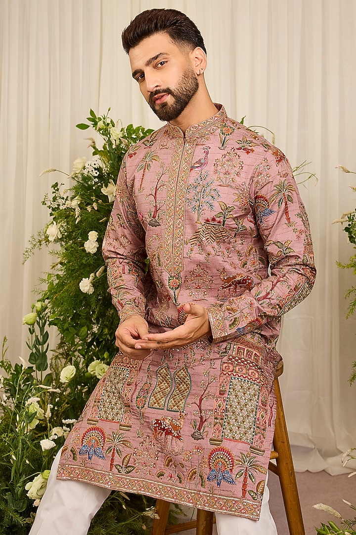 Mauve Silk Printed & Threadwork Kurta by Kasbah Clothing at Pernia's Pop Up Shop