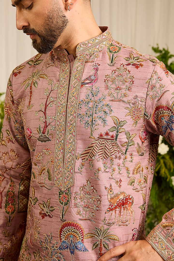 Mauve Silk Printed & Threadwork Kurta by Kasbah Clothing at Pernia's Pop Up Shop