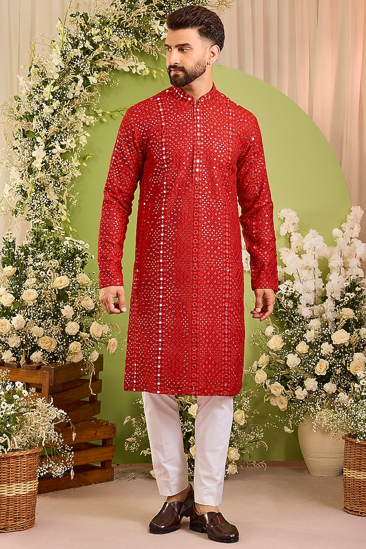 Red Silk Sequins Embroidered Kurta by Kasbah Clothing at Pernia's Pop Up Shop