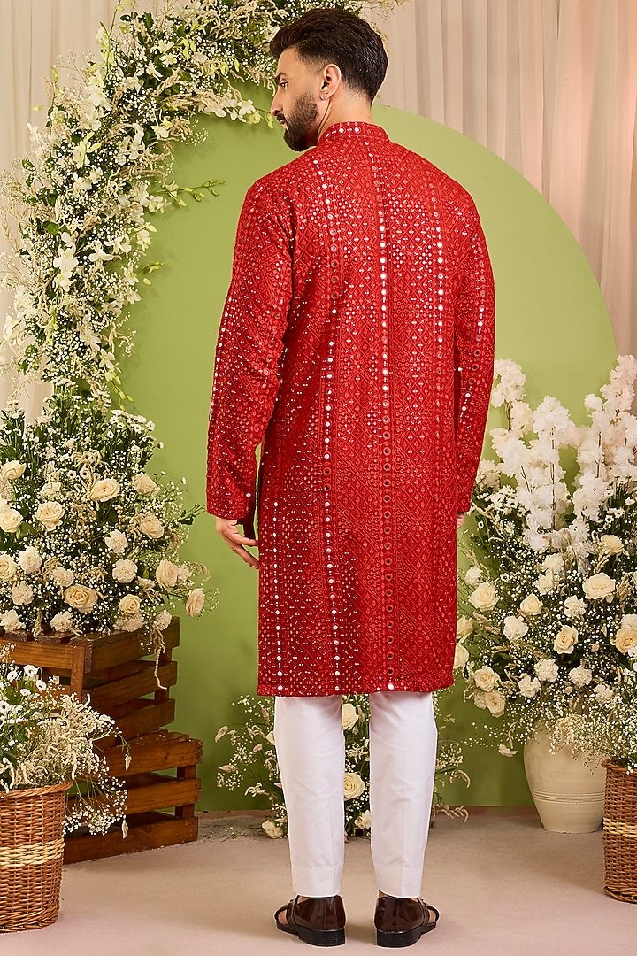 Red Silk Sequins Embroidered Kurta by Kasbah Clothing at Pernia's Pop Up Shop